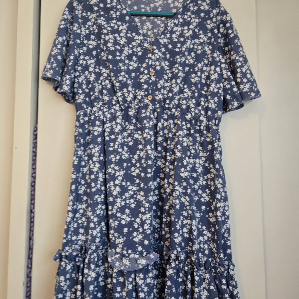 Blue Floral Button-Front Midi Dress